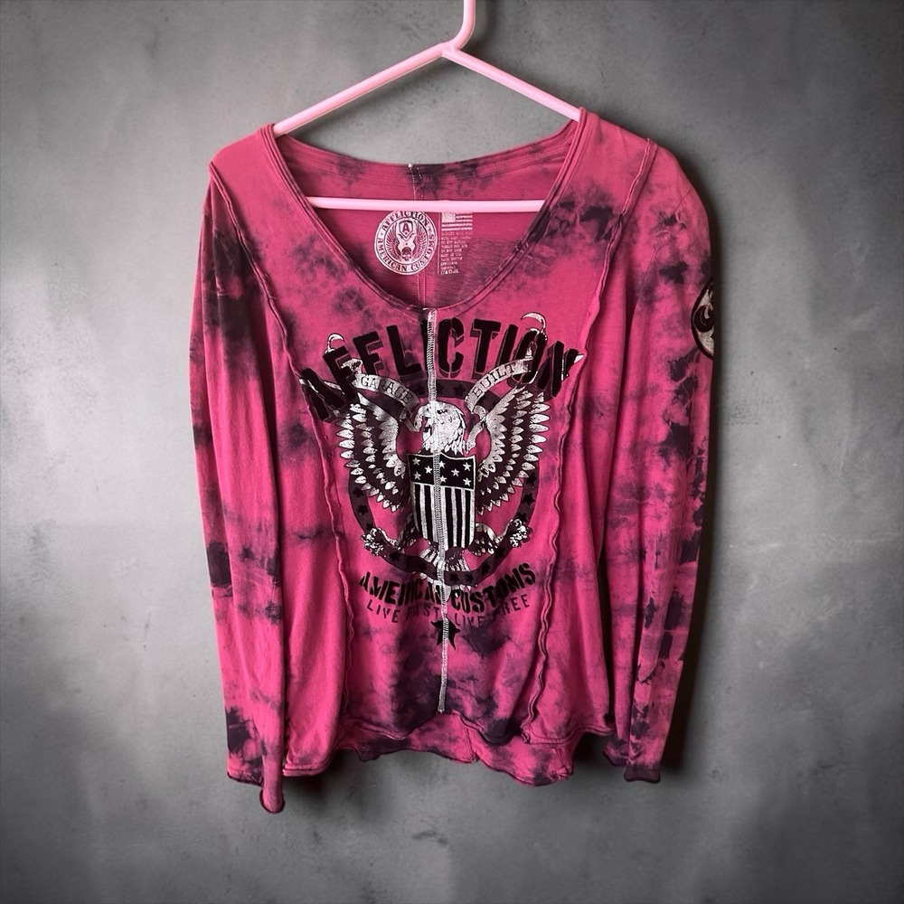 Affliction Women's Long Sleeve Pink/black Tie Dye Eagle Flag Graphic Y2K Biker T